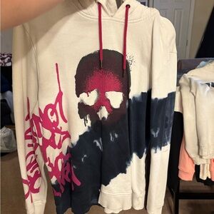 White and Black Hoodie with Pink Skull Design